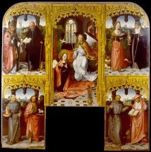 La Anunciación con San Lázaro y San Antonio Abad, Catalina de Alejandría y Clara, Antonio de Padua y Juan el Bautista, Francisco y Jerónimo de Master of Saint John the Evanglist