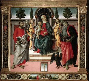 Virgen con niño con San Juan y San Bartolomé de Master of Santo Spirito