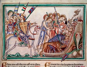 El Señor y su Armee (ost) precipitando a la Bete y a sus adoradores en el Infierno. Miniatura del manuscrito "Apocalypse historiee", Folio 38. 1250. Iluminación del Maestro de Sarum. París, NL de Master of Sarum