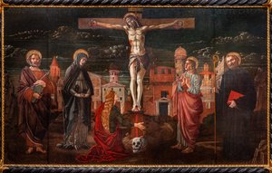 Cristo crucificado entre San Pedro, la Virgen, María Magdalena, San Juan apóstol y San Benito de Master of St. Peter in Vicenza