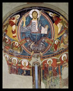 Cristo en Majestad flanqueado por serafines y símbolos de los Evangelistas, fresco del ábside de San Climente en Taull (Tahull) Cataluña, c.1123 (fresco) de Master of Tahull