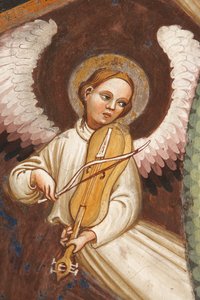 "Asunción de la Virgen" y "la Virgen María dejando caer el cinturón o Santo Cinturón a Santo Tomás", Detalle de un ángel tocando música y un violín, c.1420 (fresco)