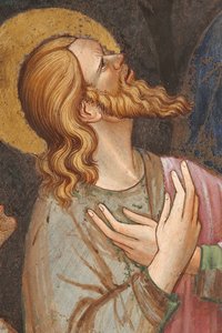 "Asunción de la Virgen" y "la Virgen María dejando caer el cinturón o Santo Cinturón a Santo Tomás", Detalle de un apóstol, c.1420 (fresco) de Master of Vignola