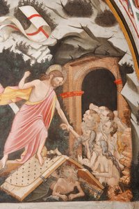 "Resurrección" y "Bajada al Limbo", Detalle de la "Bajada al Limbo": Jesús toma la mano de Adán. A los pies de Cristo, las puertas del infierno y la figura del diablo en el suelo, c.1420 (fresco) de Master of Vignola