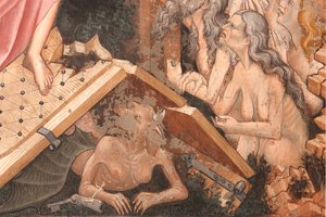 "Resurrección" y "Bajada al Limbo", Detalle de la "Bajada al Limbo": las puertas del infierno y la figura del diablo en el suelo, c.1420 (fresco) de Master of Vignola