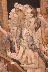 "Resurrección" y "Descenso al limbo", Detalle de los personajes rectos del Antiguo Testamento, incluido Adán con una larga barba gris, c.1420 (fresco) de Master of Vignola