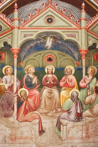 "El Pentecostés", Detalle con santos orantes y la Virgen María, y la paloma, c.1420 (fresco)