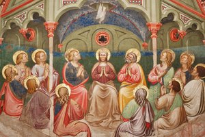 "El Pentecostés", Detalle con santos orantes y la Virgen María, y la paloma, c.1420 (fresco) de Master of Vignola