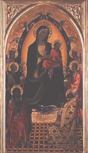 Madonna y Niño con San Juan Bautista y San Nicolás de Myra de Master of the Bambino Vispo