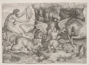 Tema alegórico: Combate de animales de Master of the Beheading of St.