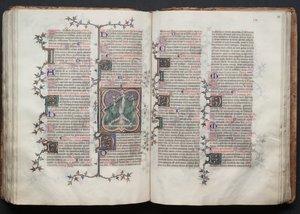 El misal de Gotha: Fol. 117v, San Pedro atado boca abajo a la cruz, c. 1375 de Master of the Boqueteaux