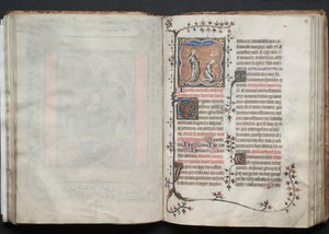 El misal de Gotha: Fol. 65r, La iglesia y la sinagoga, c. 1375 de Master of the Boqueteaux