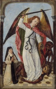 San Miguel luchando contra los demonios en presencia de una monja de Master of the Bruges Legend of St. Ursula