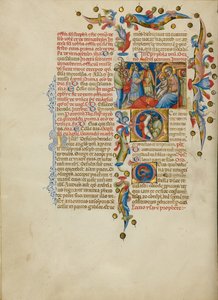 La adoración de los Reyes Magos; Inicial E: Portadores de espadas de Master of the Brussels Initials