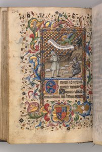 Horas de Carlos el Noble, Rey de Navarra 1361-1425: Anunciación a los Pastores...verso, c1 de Master of the Brussels Initials and Associates