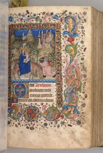 Horas de Carlos el Noble, Rey de Navarra 1361-1425: fol. 88r, Huida a Egipto Vísperas, c. 1 de Master of the Brussels Initials and Associates