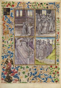 El emperador Constantino reza en una iglesia; Sofía, acosada por espíritus malignos; Dios ordena en sueños a Constantino que encuentre los restos de Antonio; el obispo Teófilo parte hacia Egipto de Master of the Brussels Romuléon