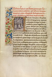 Inicial A: El cuerpo de San Antonio transportado a Constantinopla y la curación de dos leprosos tras tocar el cuerpo del Santo de Master of the Brussels Romuléon