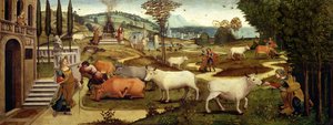 Las pasiones de Pasífae, esposa del rey Minos de Creta, de la Historia de Teseo (óleo sobre tabla) de Master of the Campana Cassoni