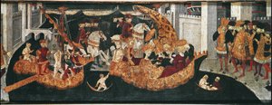 Decamerón de Boccaccio: el Chatelain Pericone da la bienvenida a Alatiel, hija del sultán de Babilonia Beminedab y su séquito en la isla de Mallorca de Master of the Cassoni