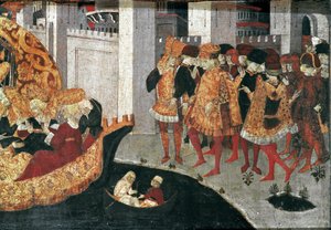 Decamerón de Boccaccio: el Chatelain Pericone recibe a Alatiel, hija del sultán de Babilonia Beminedab y su séquito en la isla de Mallorca de Master of the Cassoni