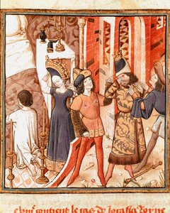 Leyenda de Yocasta, Reina de Tebas. Edipo, ciego, después de darse cuenta de que mató a su propio padre Miniatura del Maestro del Campeón de Damas (siglo XV) del manuscrito “De los hombres ilustres” de Giovanni Boccaccio (Jean Boccaccio) (1313-1375)