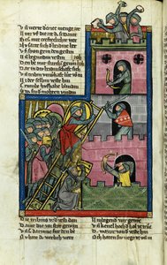 La toma de un castillo en Jerusalén (de la Crónica del Mundo (Weltchronik) de Rudolf von Ems) - Maestro de la Crónica del Mundo (Weltchronik) (activo hacia 1300) - c. 1300 - Acuarela sobre pergamino - Kantonsbibliothek St. de Master of the Chronicle of the World