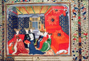 Harl 4431 fol.3 Christine de Pisan presentando su libro a la reina Isabel de Baviera, de los poemas de Christine de Pisan, c.1410-15 (vitela) de Master of the Cité des Dames