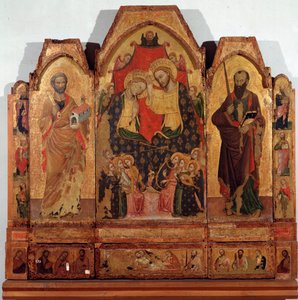 Tríptico de la coronación de la Virgen con los santos Pedro y Pablo de Master of the Corleone Polyptic