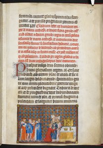 Cotton Tiberio B. VIII f.49r El Rey ofreciendo la espada en el altar, ilustración de 