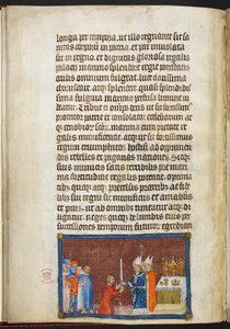 Cotton Tiberius B. VIII f.49v El Arzobispo de Reims devolviendo la espada al Rey, ilustración de 