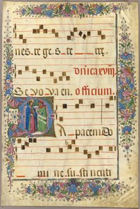 Página de un libro de coros con Cristo y un fariseo en una "D" inicial historiada de Master of the Cypresses