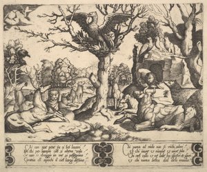 Un fénix sentado en la cima de un árbol, alas abiertas, una variedad de animales abajo, 1530-60
