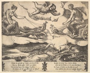 Alegoría del matrimonio y el amor, Juno en un carro tirado por pavos reales a la izquierda, Venus en un..., 1530-60 de Master of the Die