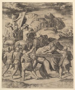 Cristo llevando la cruz rodeado de soldados, varios a caballo, 1530-60