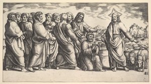 Cristo de pie a la izquierda indicando a un rebaño de ovejas, ante él se arrodilla San Pedro de Master of the Die