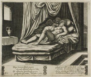 Cupido y Psique juntos en el lecho nupcial de Master of the Die