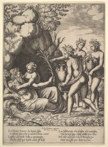 Dafne abrazando a su padre, el dios del río Peneo, a la izquierda tres ninfas traen jarras..., 1530-60 de Master of the Die