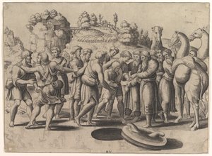 José en el centro siendo vendido por sus hermanos de pie sobre un pozo, camellos a la derecha, 1533