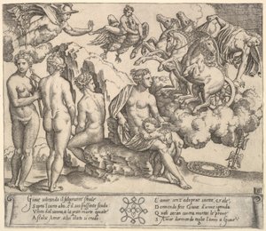 Júpiter cayendo de un carro tirado por caballos a la derecha, Ganimedes en forma de águila..., 1530-60 de Master of the Die