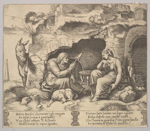 Lámina 1: Apuleyo transformado en burro escuchando la historia contada por la anciana, 1520-70 de Master of the Die