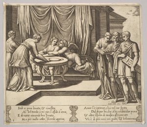 Placa 8: Psique sentada en una mesa y atendida por sirvientes invisibles, Eros al lado, 1530-60 de Master of the Die