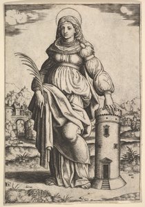 Santa Bárbara de pie, palma en su mano derecha, apoyando su mano izquierda en una torre, 1530-60 de Master of the Die