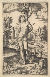 San Sebastián atado a un árbol atravesado por flechas, 1530-60 de Master of the Die