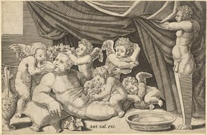 Speculum Romanae Magnificentiae: Baco rodeado de putti con Príapo sosteniendo..., siglo XVI de Master of the Die
