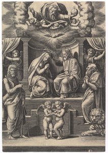 La Coronación de la Virgen, en la parte inferior izquierda está San Juan Bautista, en la parte inferior derecha..., 1530-60 de Master of the Die
