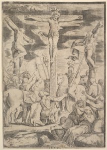 La conversión del centurión que abre sus brazos ante Cristo en la cruz de Master of the Die
