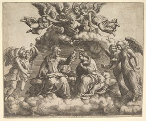La coronación de la Virgen, Cristo sosteniendo la corona sobre su cabeza, Dios el Padre bendiciendo, 1532 de Master of the Die