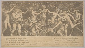 El sacrificio a Príapo que está en forma de estatua en el centro, Baco y un sátiro, 1530-60 de Master of the Die