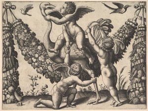 Tres putti ante una gran guirnalda, el del medio monta un avestruz de Master of the Die